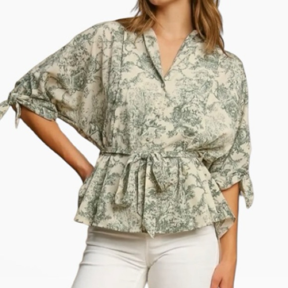 Umgee Belted Peplum Short Sleeve Button Down Antique Landscape Green Print